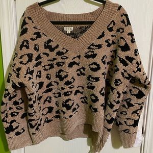 Pol Leopard Print Sweater Distressed Slouchy V-neck Womens Small